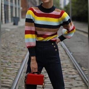 HALOGEN x ATLANTIC PACIFIC Puff Sleeve Striped Mock Neck Sweater | L | Preppy